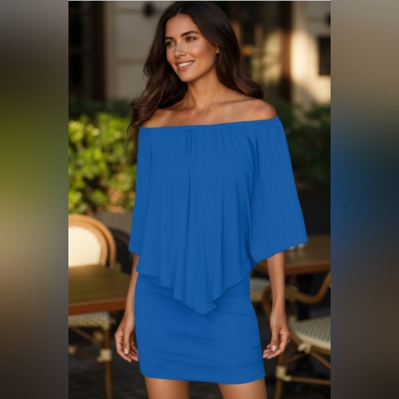 Polyester Off-Shoulder Bodycon Mini Dress, Bodycon Batwing Bkue Dress, (L) - Picture 6 of 10